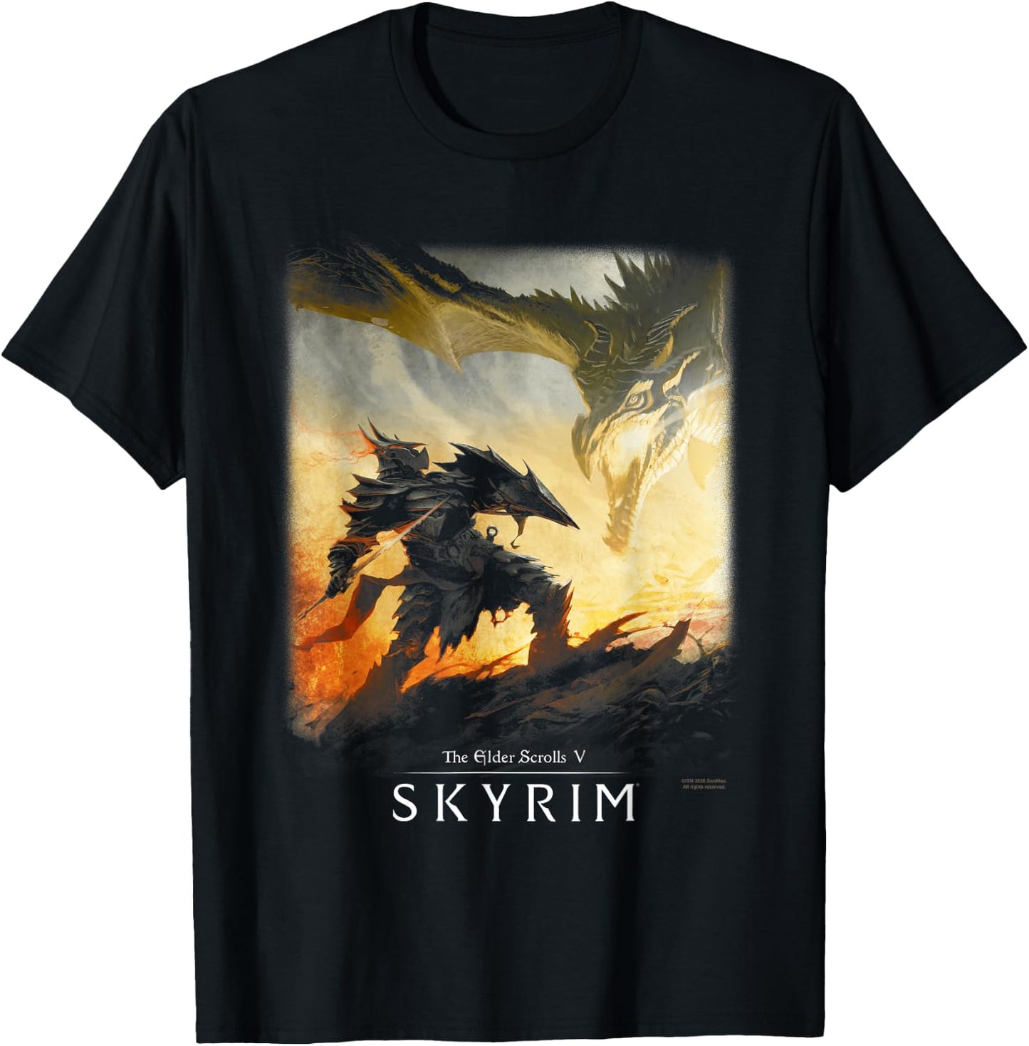 Skyrim Dragon Showdown with Daedric Armor RPG Video Game T-Shirt - T-Shirt | Black