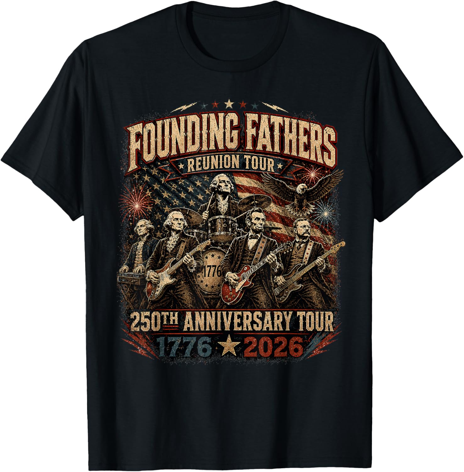 Funny Founding Fathers Reunion Tour Rockstar Graphic T-Shirt - T-Shirt | Black