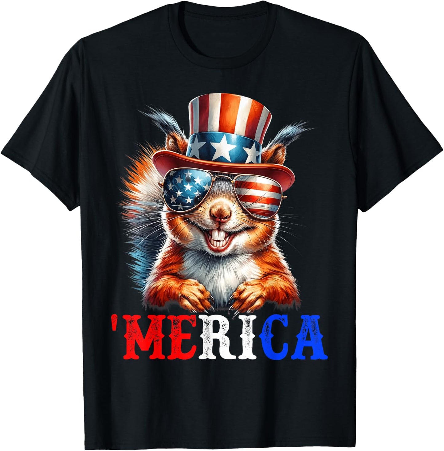 Merica Squirrel Patriotic 4th of July Funny Kids Men Women T-Shirt - T-Shirt | Black