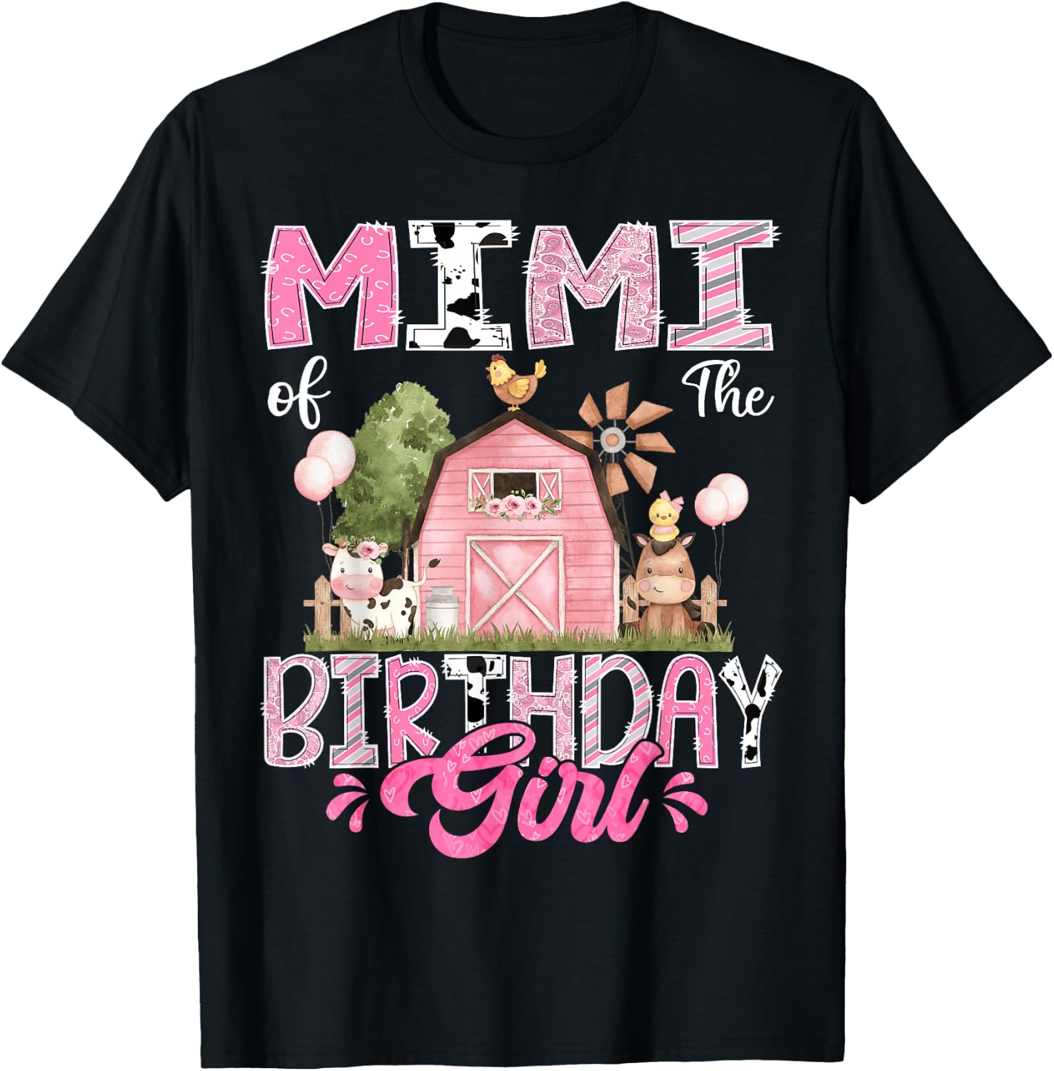 Mimi Of The Birthday Girl 1St Birthday Pink Cow Farm T-Shirt - T-Shirt | Black