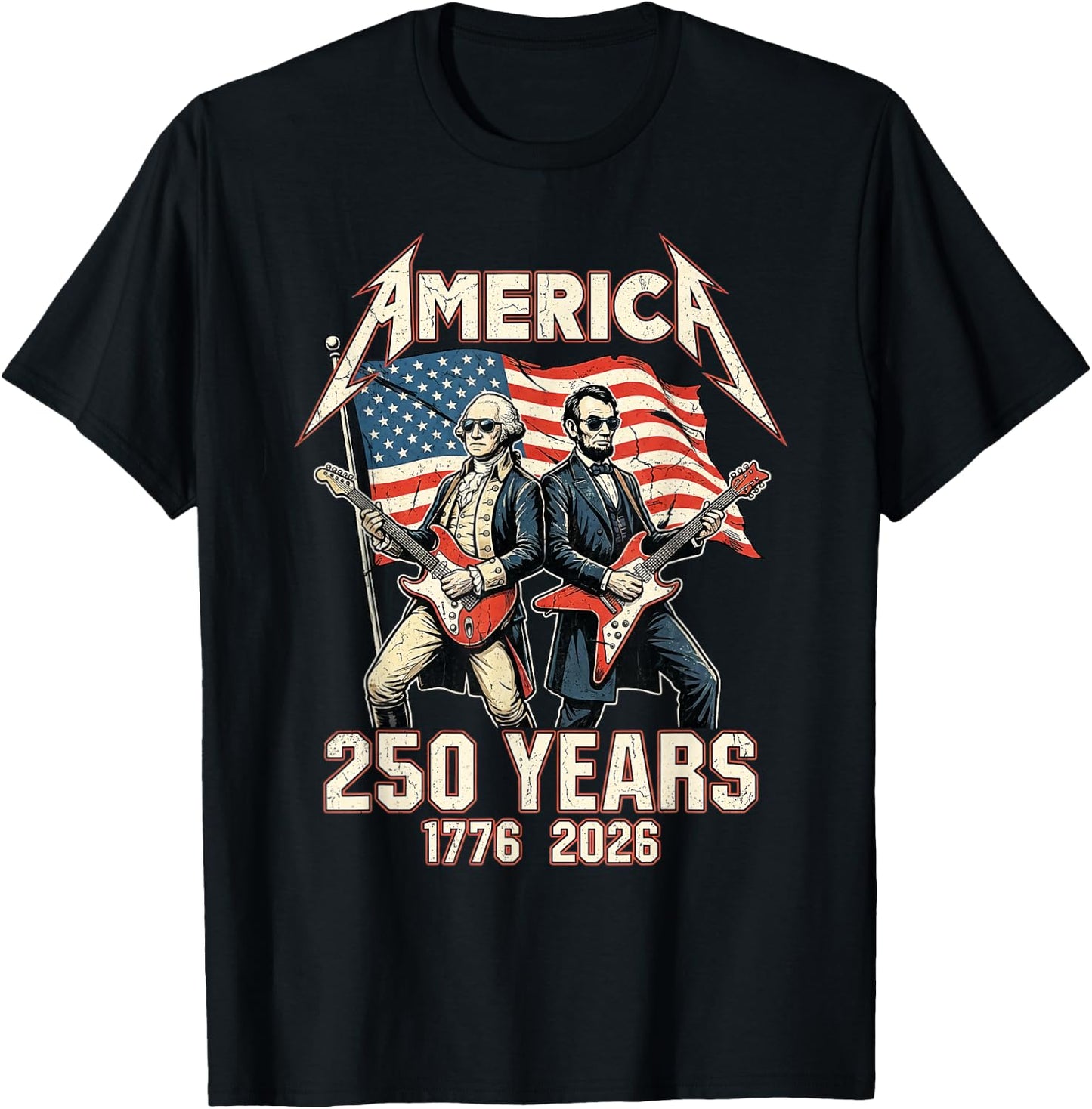 Abe Lincoln Playing Guitar George Washington USA Flag 250 T-Shirt - T-Shirt | Black