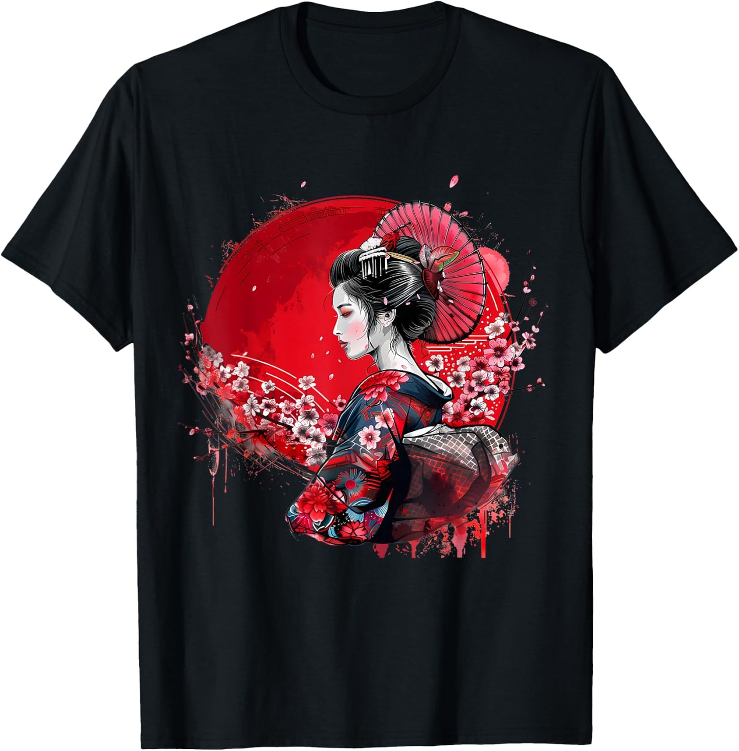 Japanese Kimono Geisha Sakura Cherry Blossom Japanese Art , Black, S T-Shirt - T-Shirt | Black