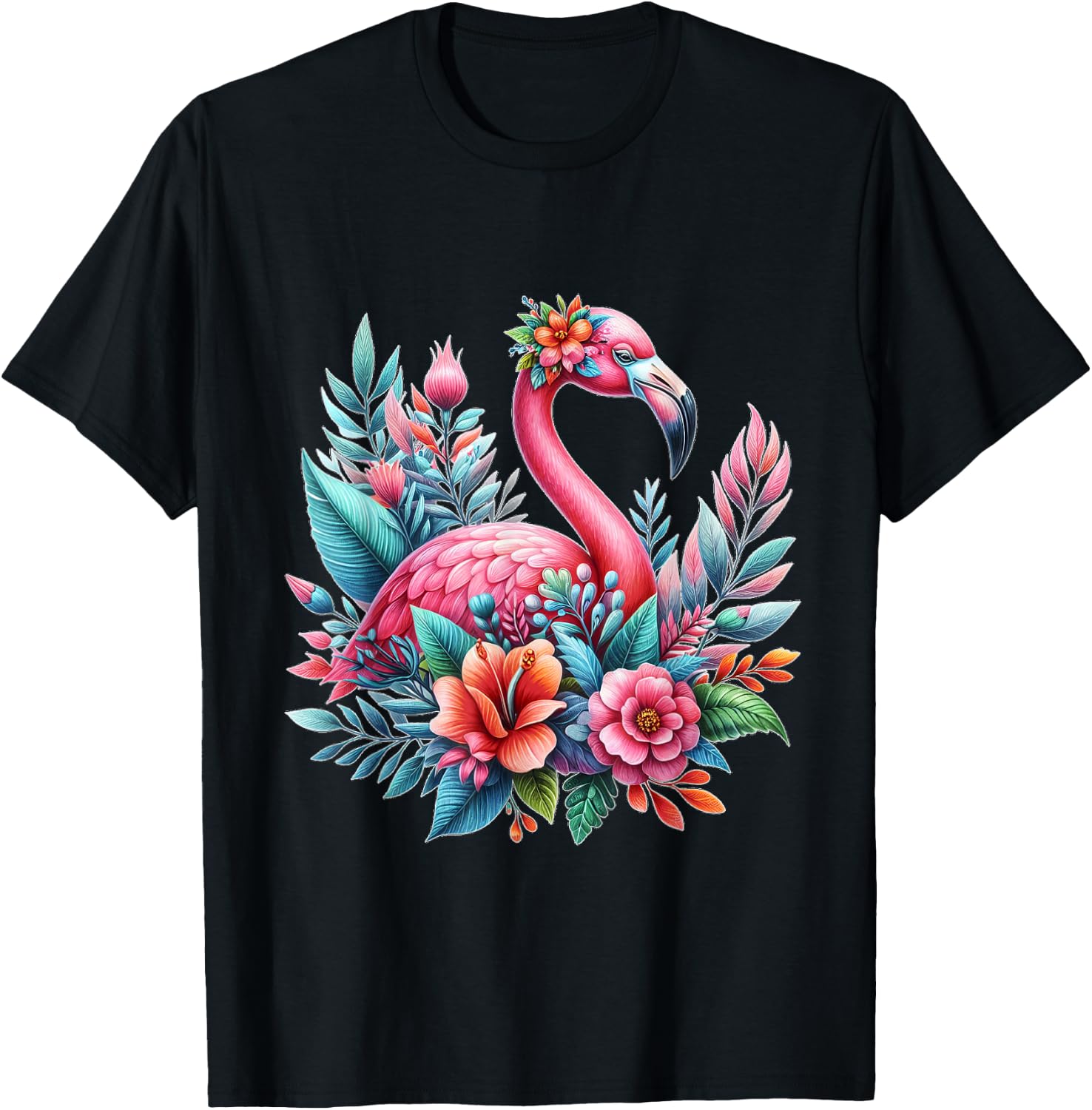 Pink Flamingo Watercolor T shirt Hawaiian Flowers Floral T-Shirt - T-Shirt | Black