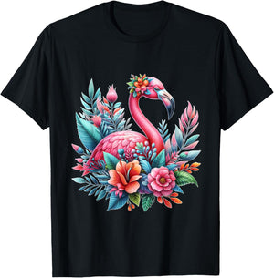 Pink Flamingo Watercolor T shirt Hawaiian Flowers Floral T-Shirt - T-Shirt | Black