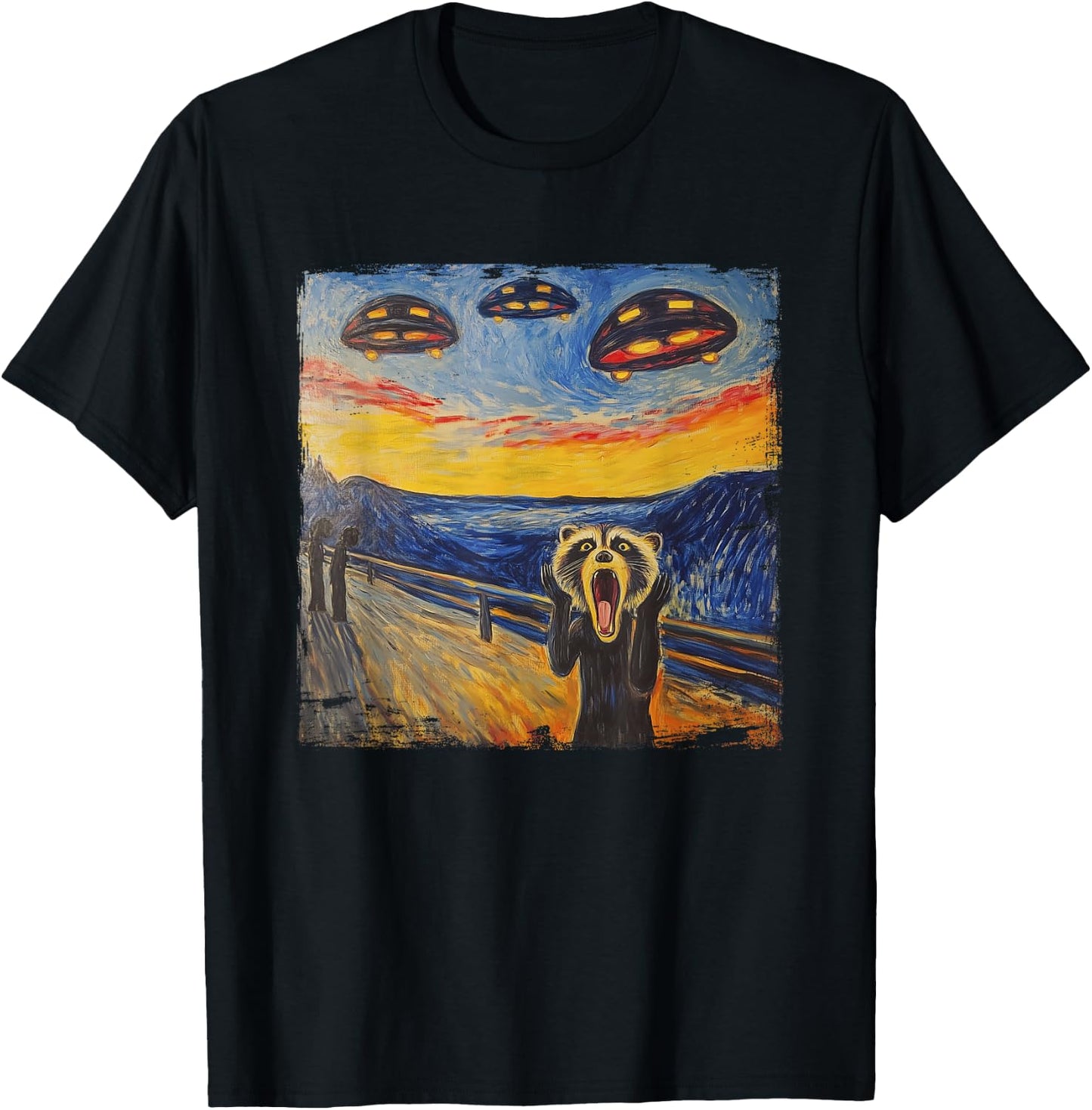 Raccoon Scream UFO Alien Munch Parody Expressionism , black T-Shirt - T-Shirt | Black