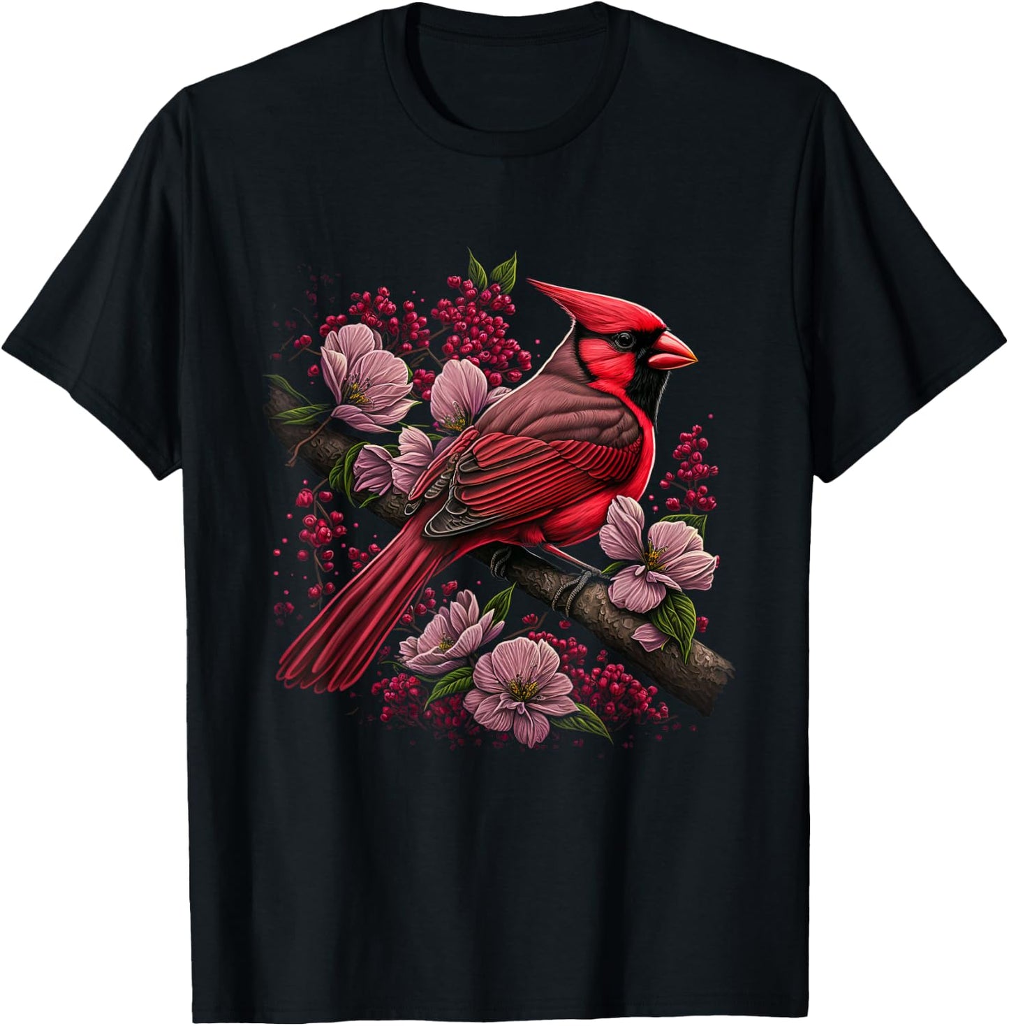 Red Cardinal Bird And Pink Flowering Dogwood Blossoms T-Shirt - T-Shirt | Black