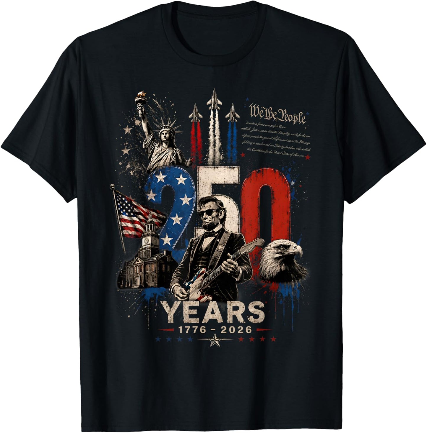 Vintage Abraham Lincoln Abe Lincoln Playing Guitar 250 Years T-Shirt - T-Shirt | Black