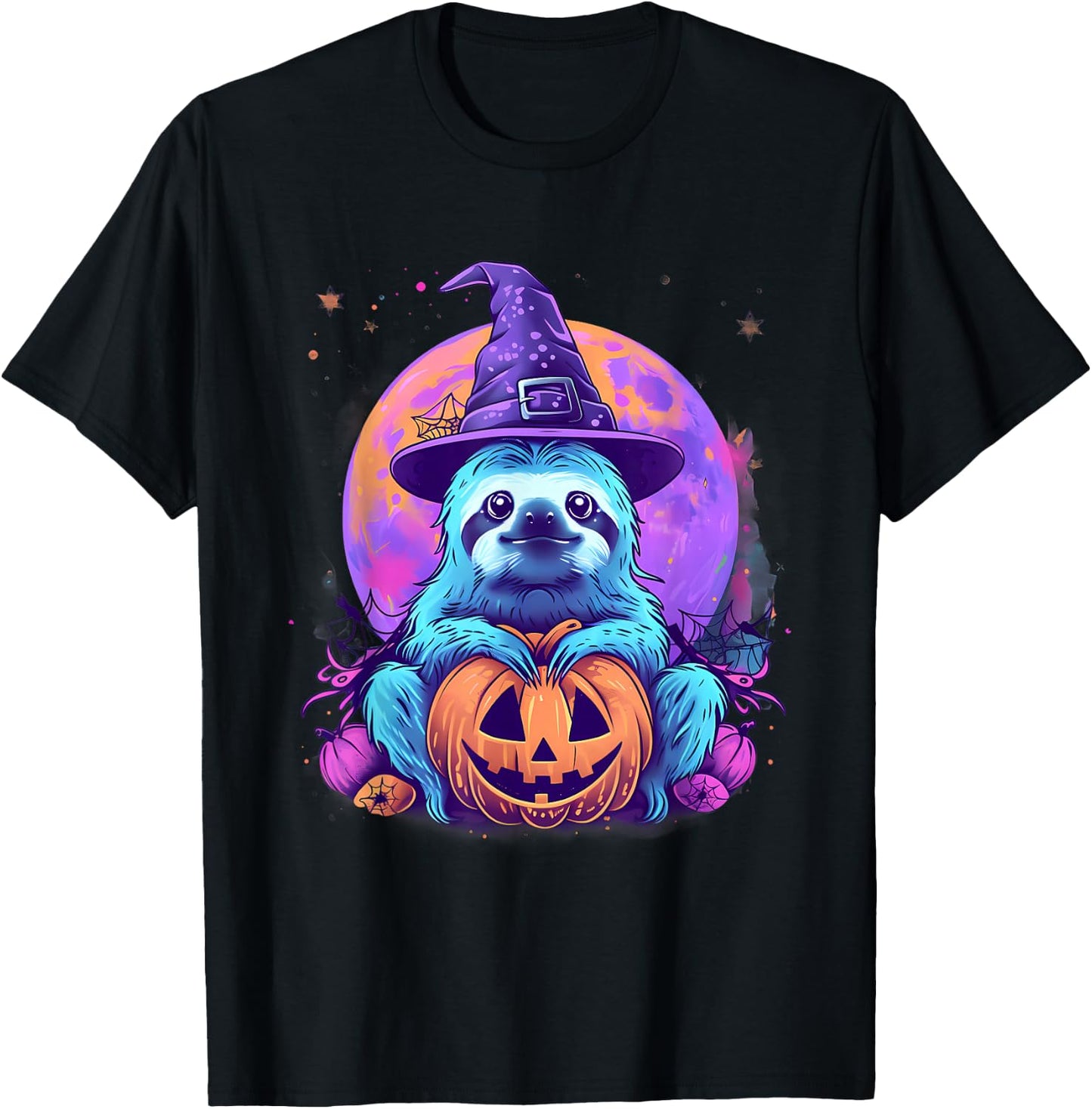 Cute Sloth Witchcraft Hat Scary Pumpkin Lantern Halloween T-Shirt - T-Shirt | Black