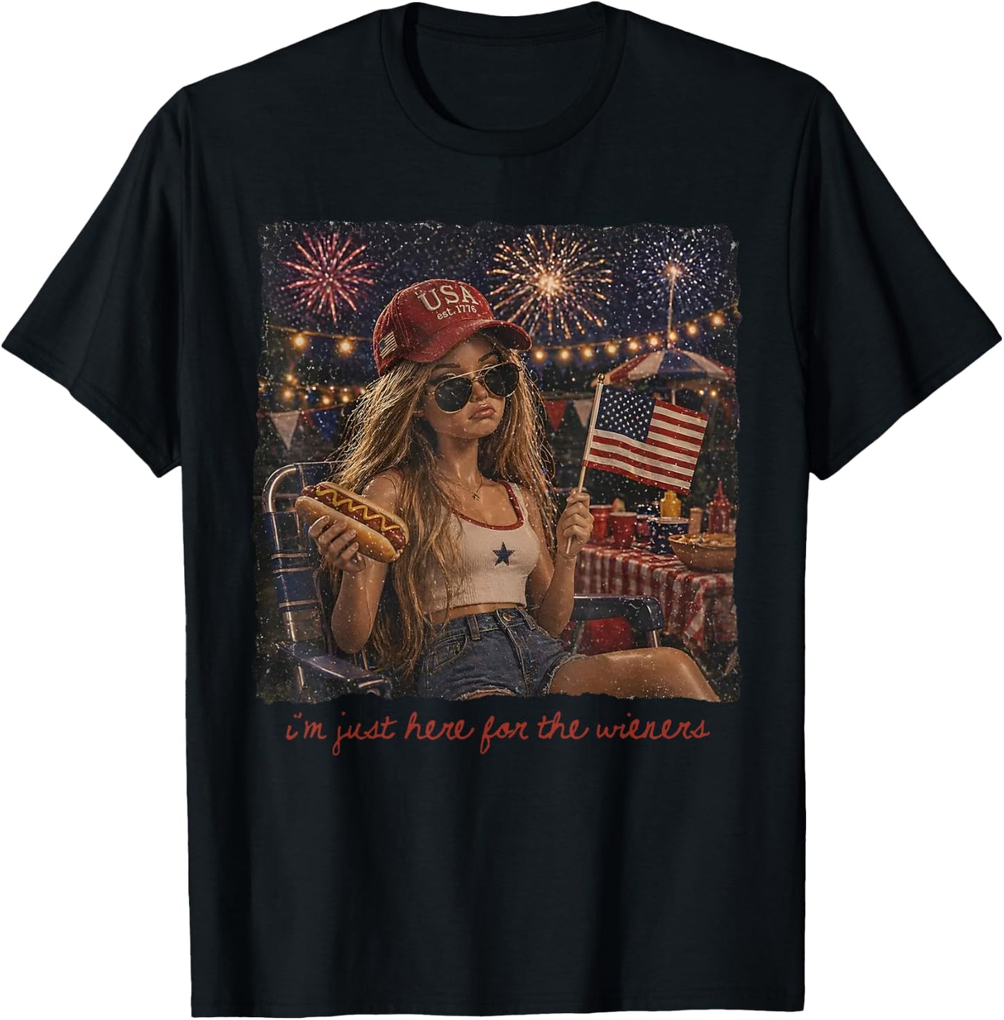 Just Here for the Wieners 4Th of July 250 Years Amrican Girl T-Shirt - T-Shirt | Black
