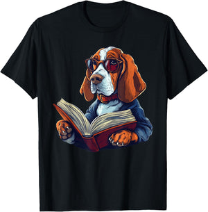 Cute Dog Basset Hound Reading Book T-Shirt - T-Shirt | Black