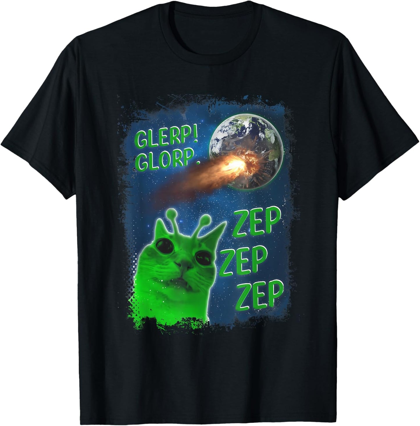 Funny Alien Cat Meme Glerp Glorp Zep Zep Women Men Kid T-Shirt - T-Shirt | Black