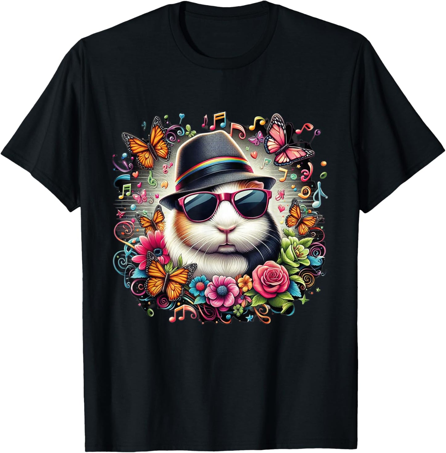 guinea pig wearing sunglasses and a hat colorful Butterflies T-Shirt - T-Shirt | Black