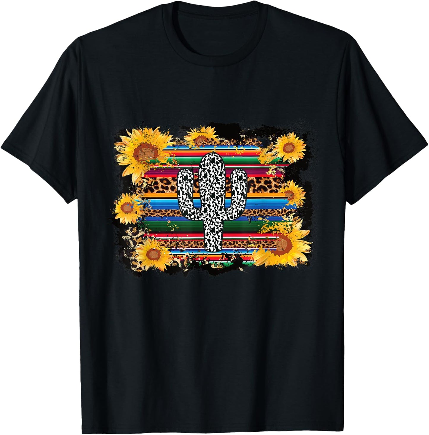 Serape Cactus Print Turquoise Cow Print Saguaro Sunflower T-Shirt - T-Shirt | Black