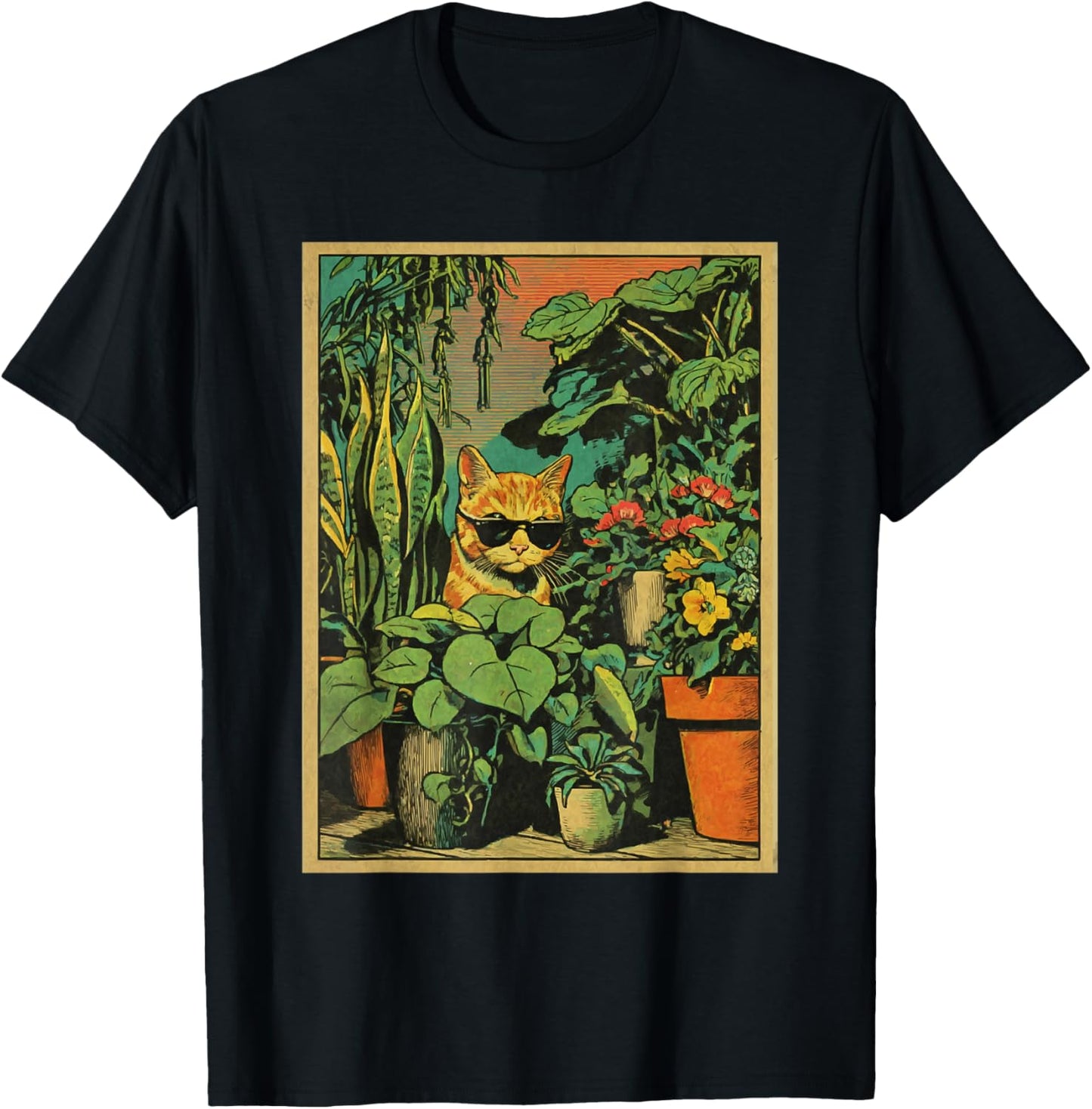 Chat tigré Roux avec Lunettes de Soleil pour Amoureux des Plantes botanique T-Shirt - T-Shirt | Black