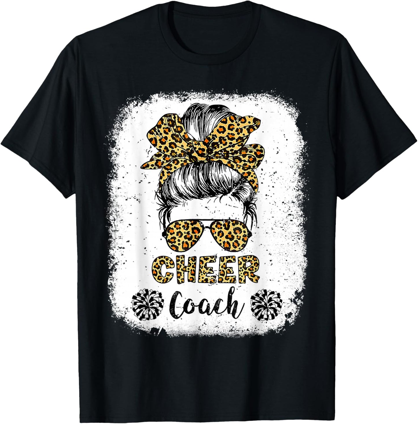 Cheer Coach Leopard Messy Bun Cheerleader Bleached T-Shirt - T-Shirt | Black