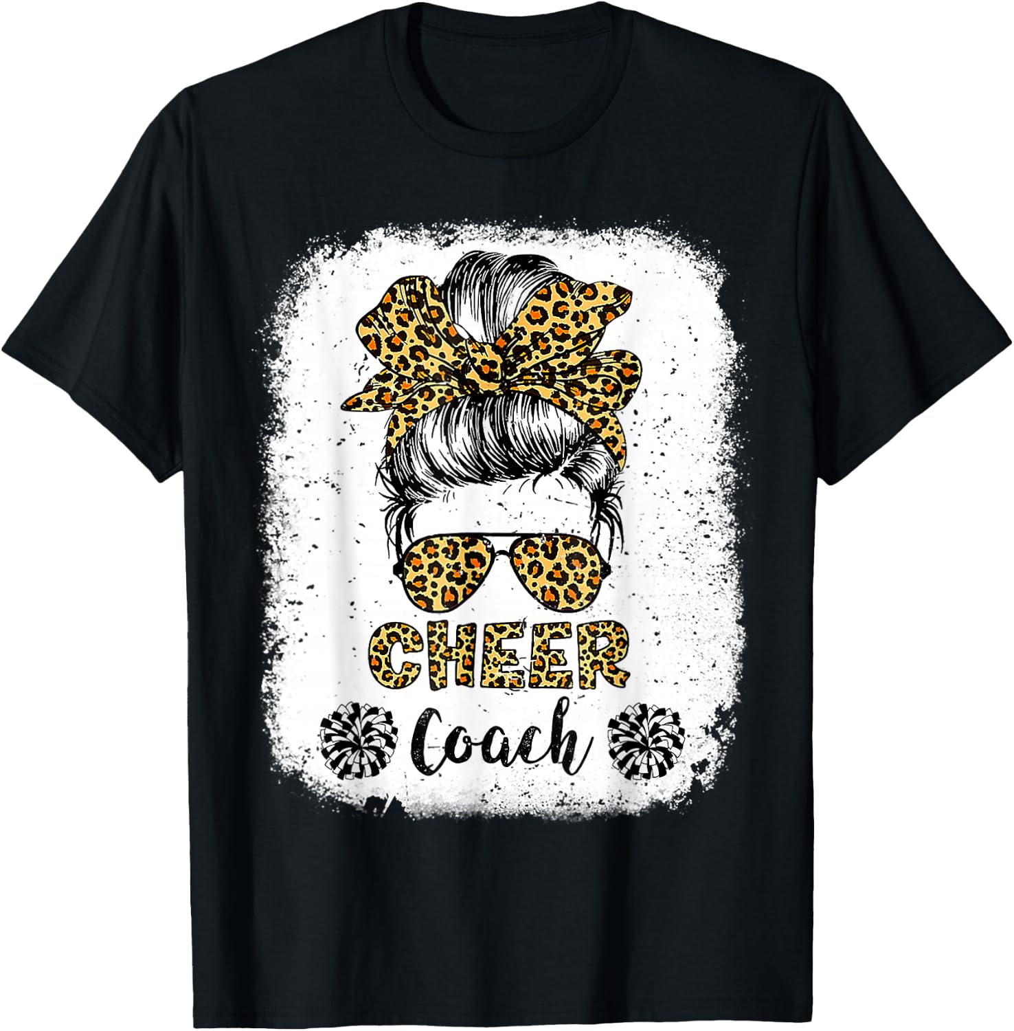 Cheer Coach Leopard Messy Bun Cheerleader Bleached T-Shirt - T-Shirt | Black