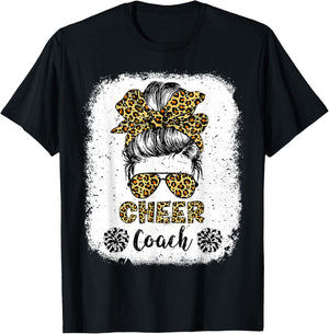 Cheer Coach Leopard Messy Bun Cheerleader Bleached T-Shirt - T-Shirt | Black