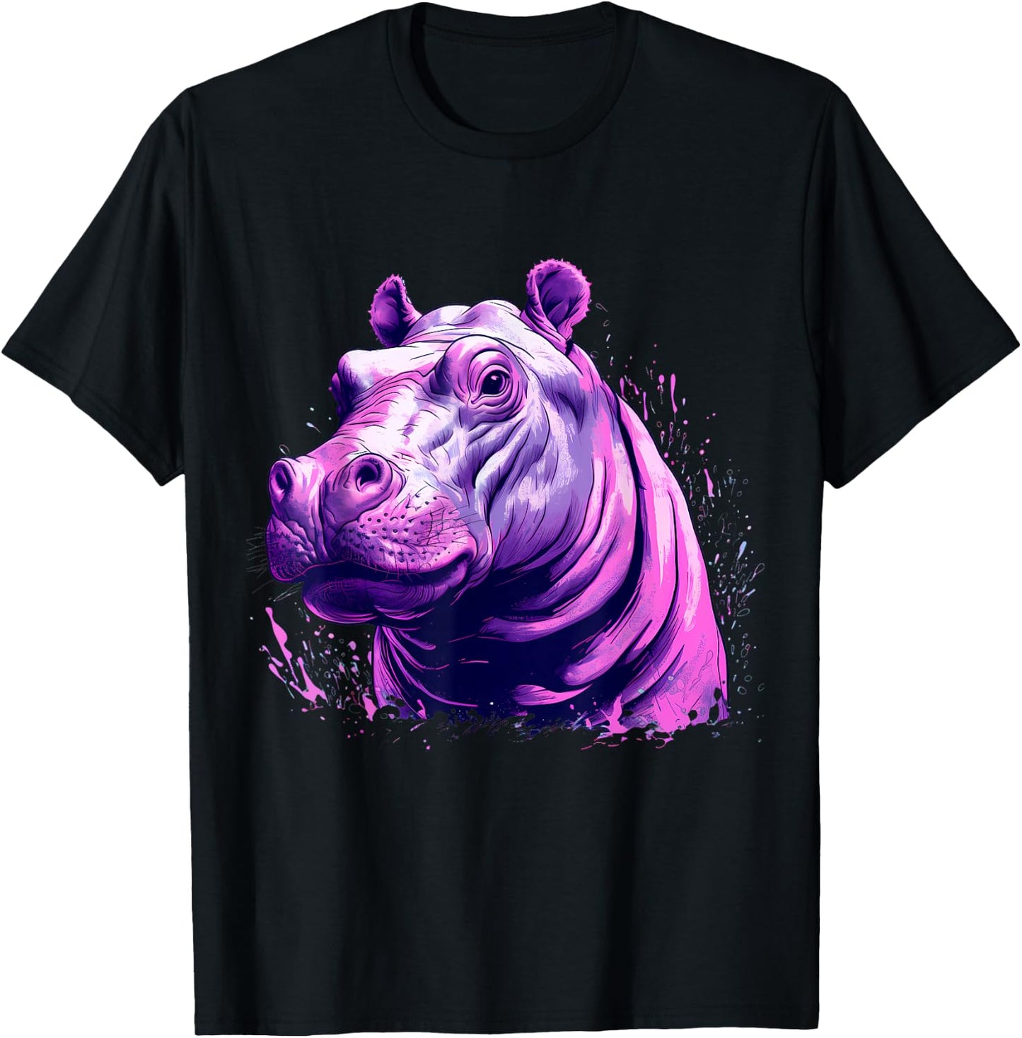 Hippopotamus Portrait Splash Colourful Artwork Savanna Hippo T-Shirt - T-Shirt | Black