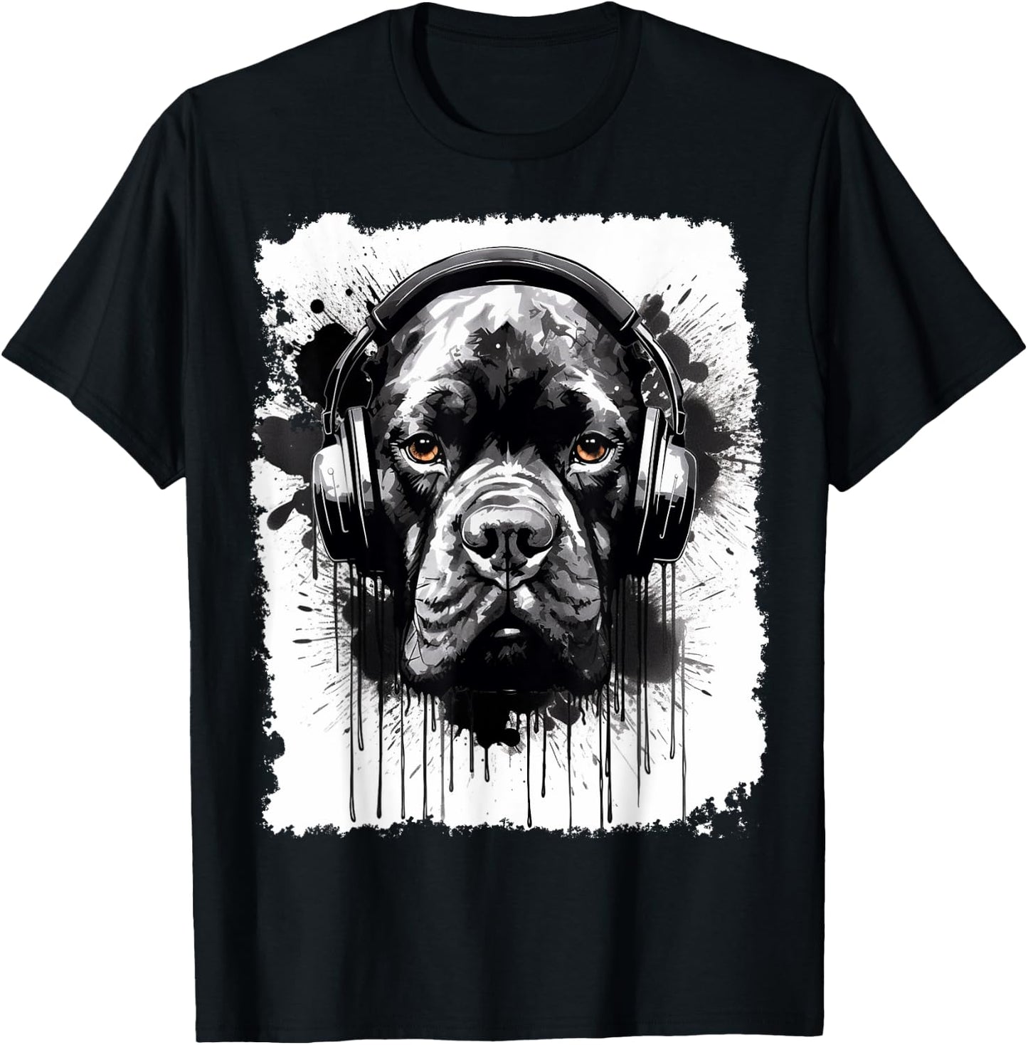 Pop Art Boxer Dog Graffiti Style Headphone Music Women Girls Kids T-Shirt - T-Shirt | Black