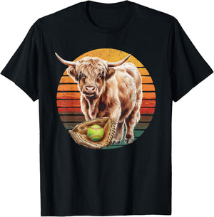 Highland Cow Softball Player Team Vintage T-Shirt - T-Shirt | Black