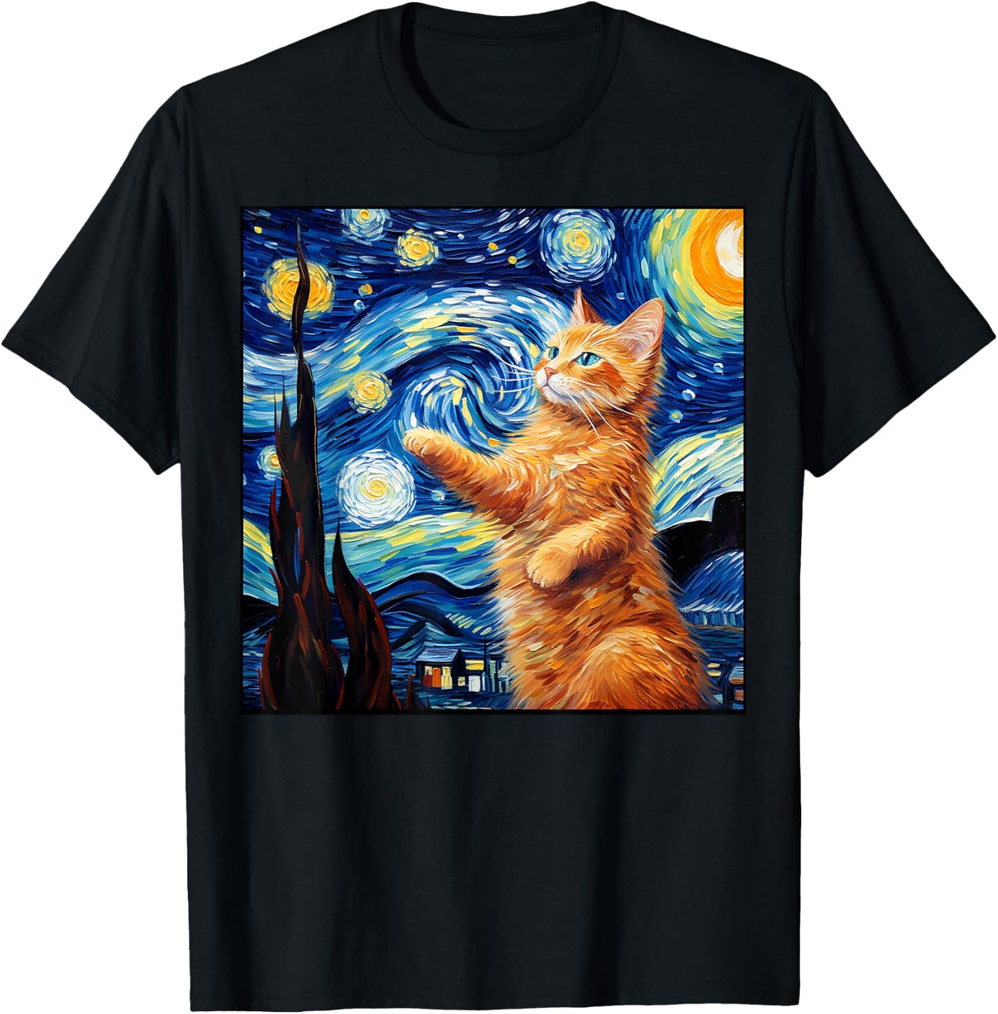 Art Van Gogh Starry Night Cat Painting Cats Lover Mom Dad T-Shirt - T-Shirt | Black