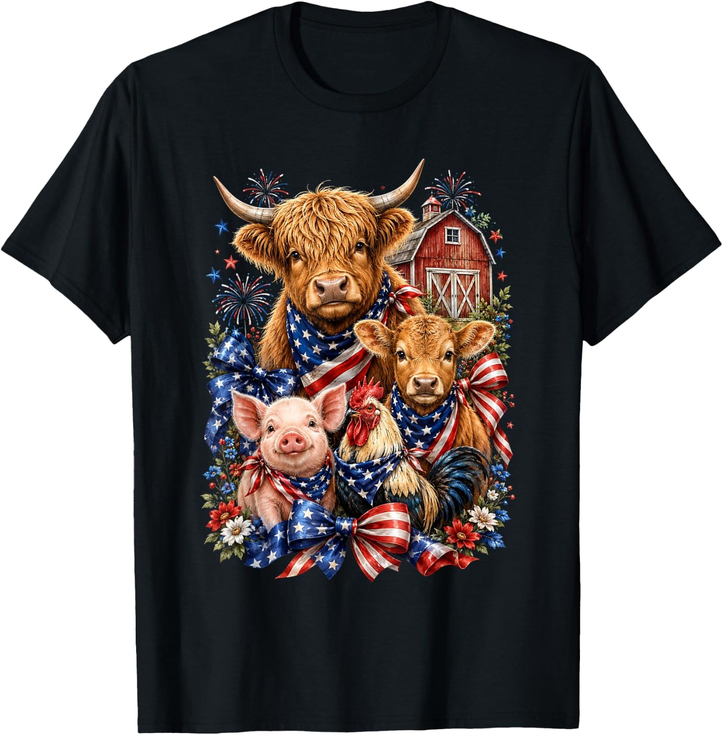 Patriotic Farm Animals 4th of July Barn Cow Pig Chicken Bow T-Shirt - T-Shirt | Black