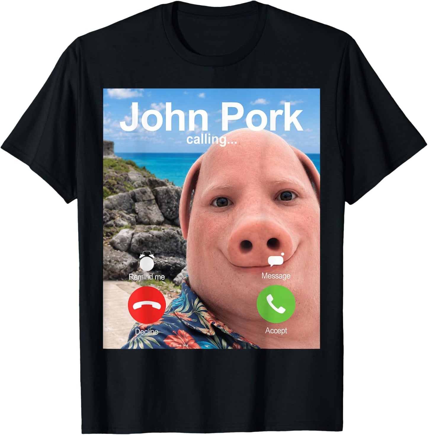 John Pork Calling Decline Accept Incoming Call Meme T-Shirt - T-Shirt | Black
