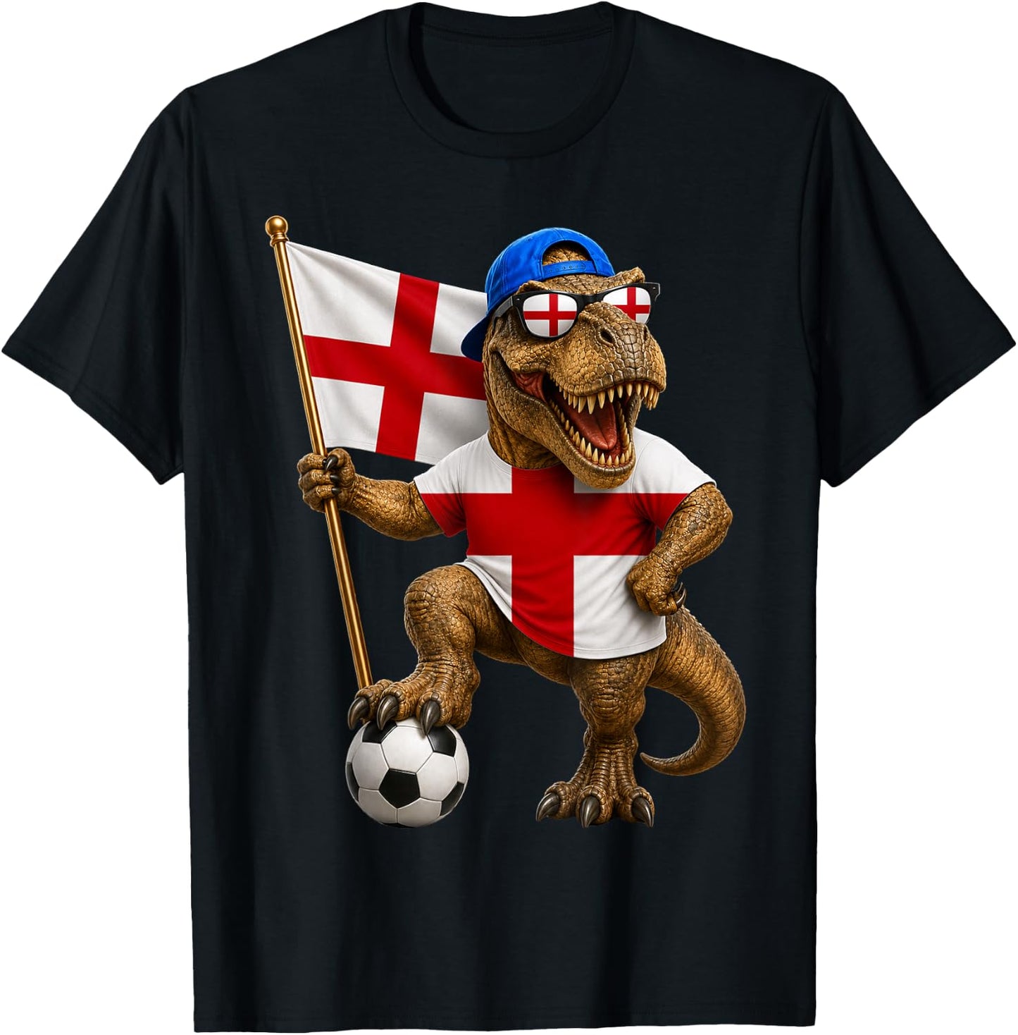 England Flag T-Rex Football Dinosaur Soccer English T-Shirt - T-Shirt | Black