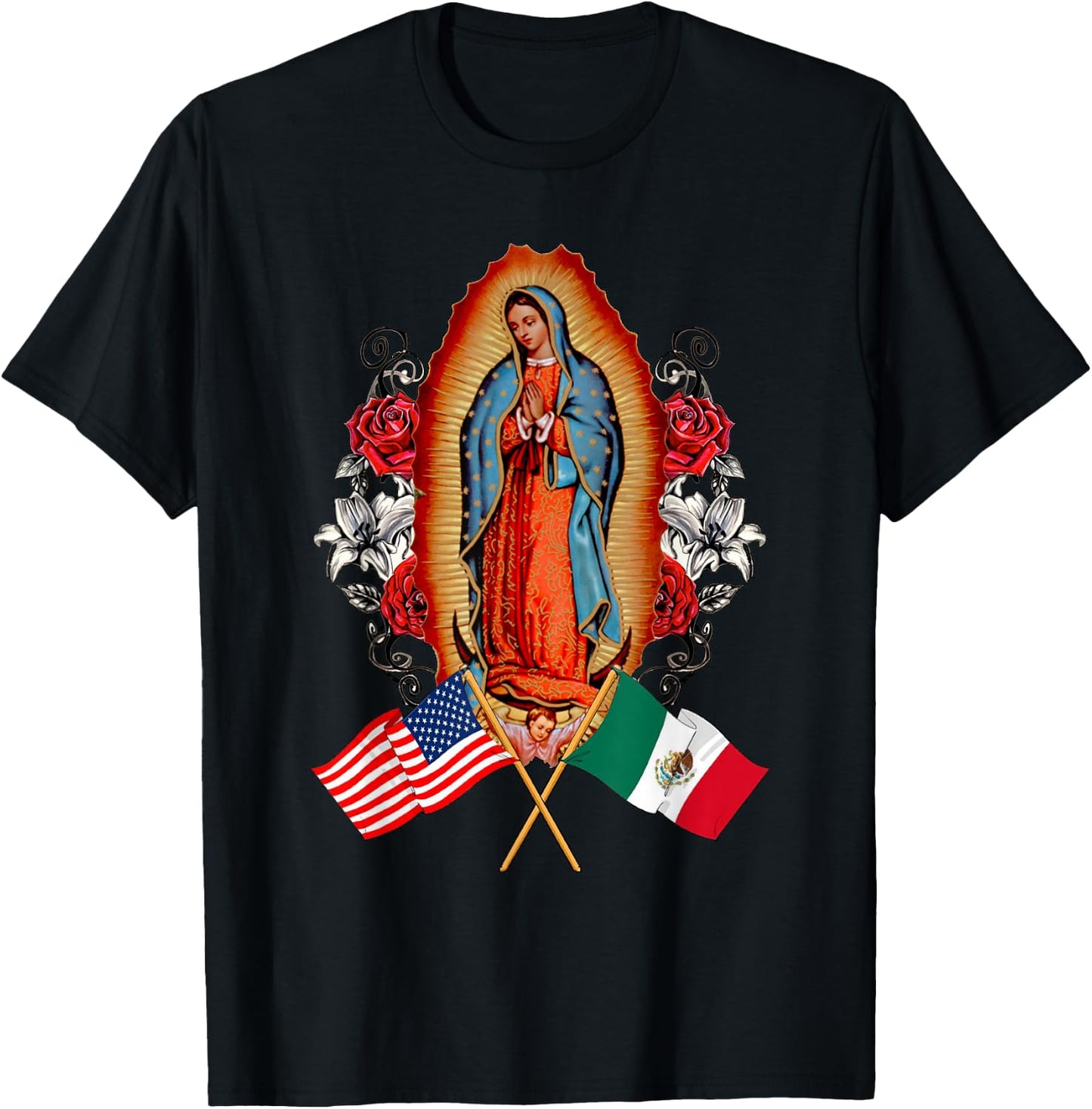 Our Lady Virgen De Guadalupe Mexican American Flag T-Shirt - T-Shirt | Black