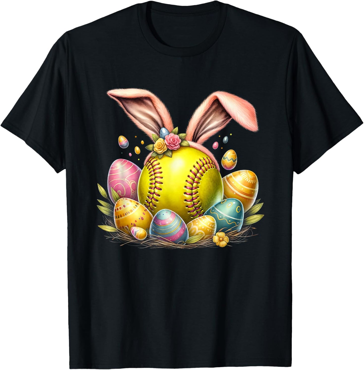 Softball Egg Bunny Ears Easter Day T-Shirt - T-Shirt | Black