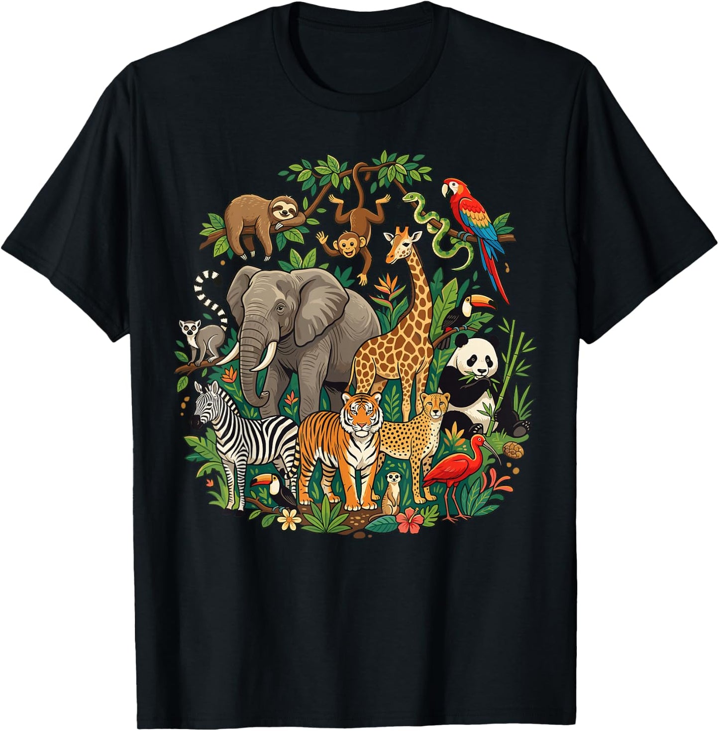 Jungle Safari Animals Cartoon Illustration T-Shirt - T-Shirt | Black