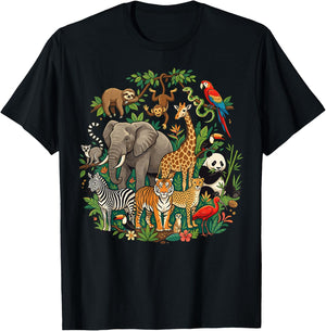 Jungle Safari Animals Cartoon Illustration T-Shirt - T-Shirt | Black