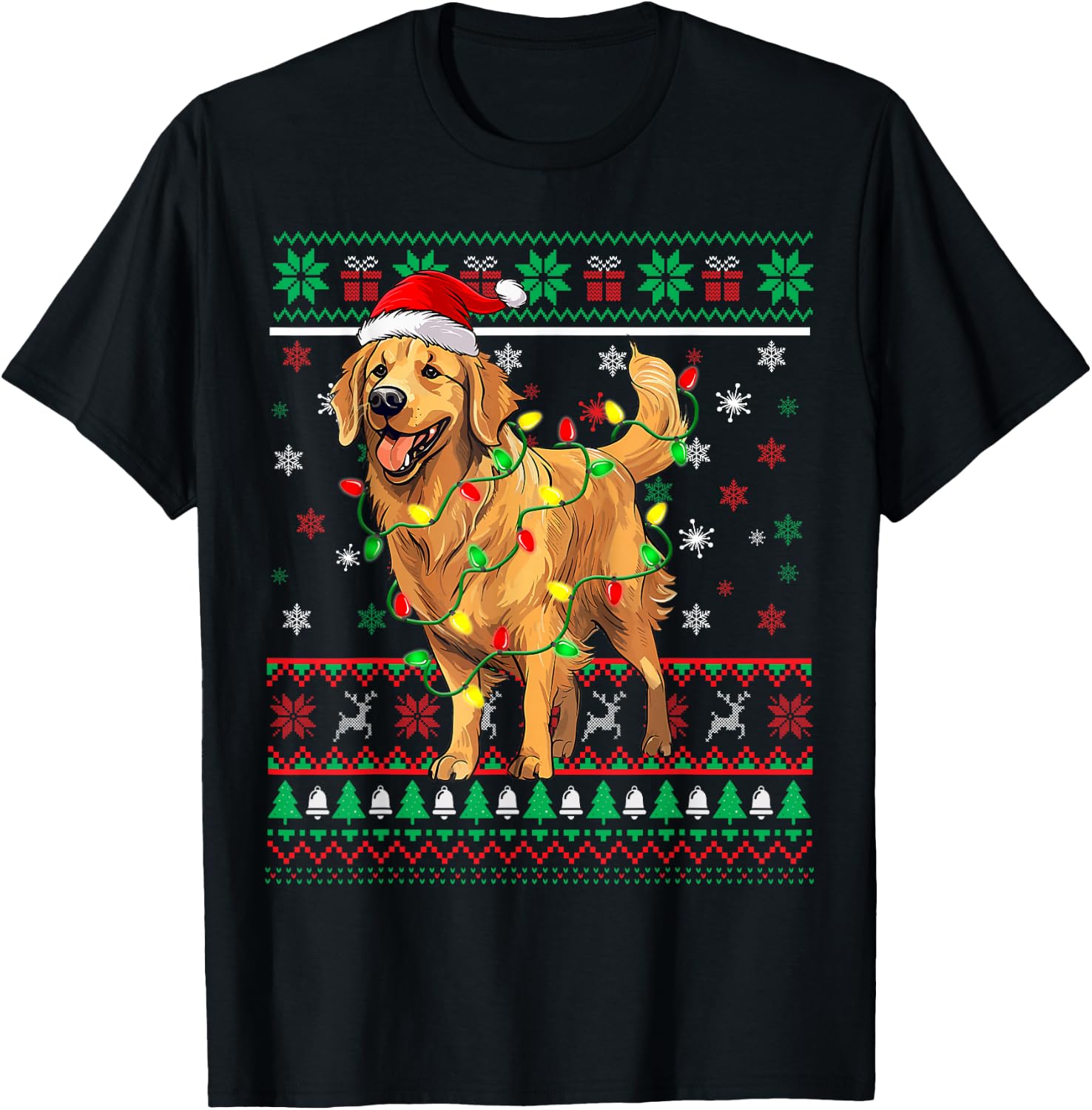 Golden Retriever Christmas Santa Hat Tree Lights Pajama T-Shirt - T-Shirt | Black