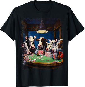Playing Card Pop Art Gambling Cows Playing Poker Cards T-Shirt - T-Shirt | Black