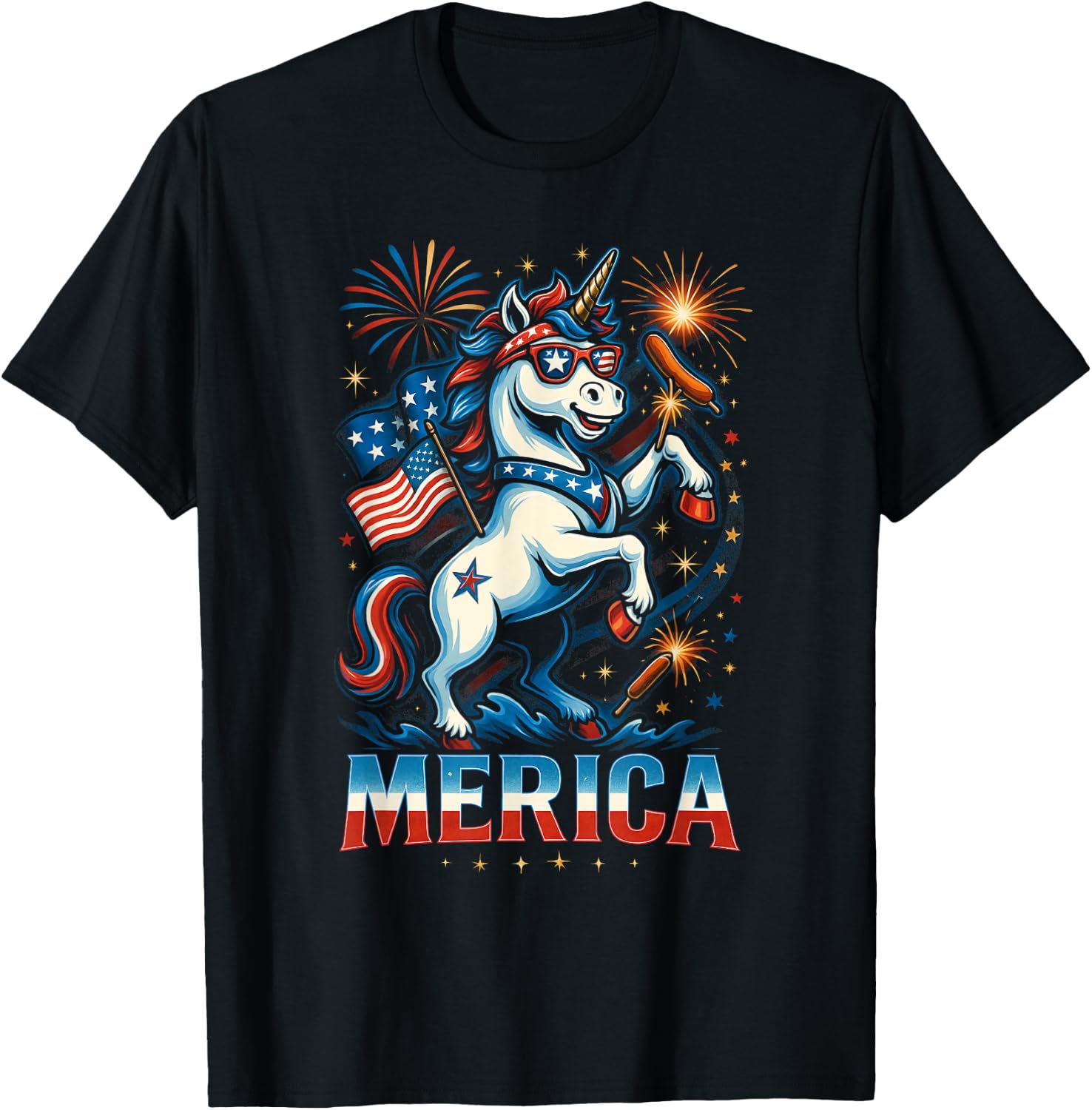 Funny Patriotic Unicorn 'Merica USA July 4th American Pride T-Shirt - T-Shirt | Black