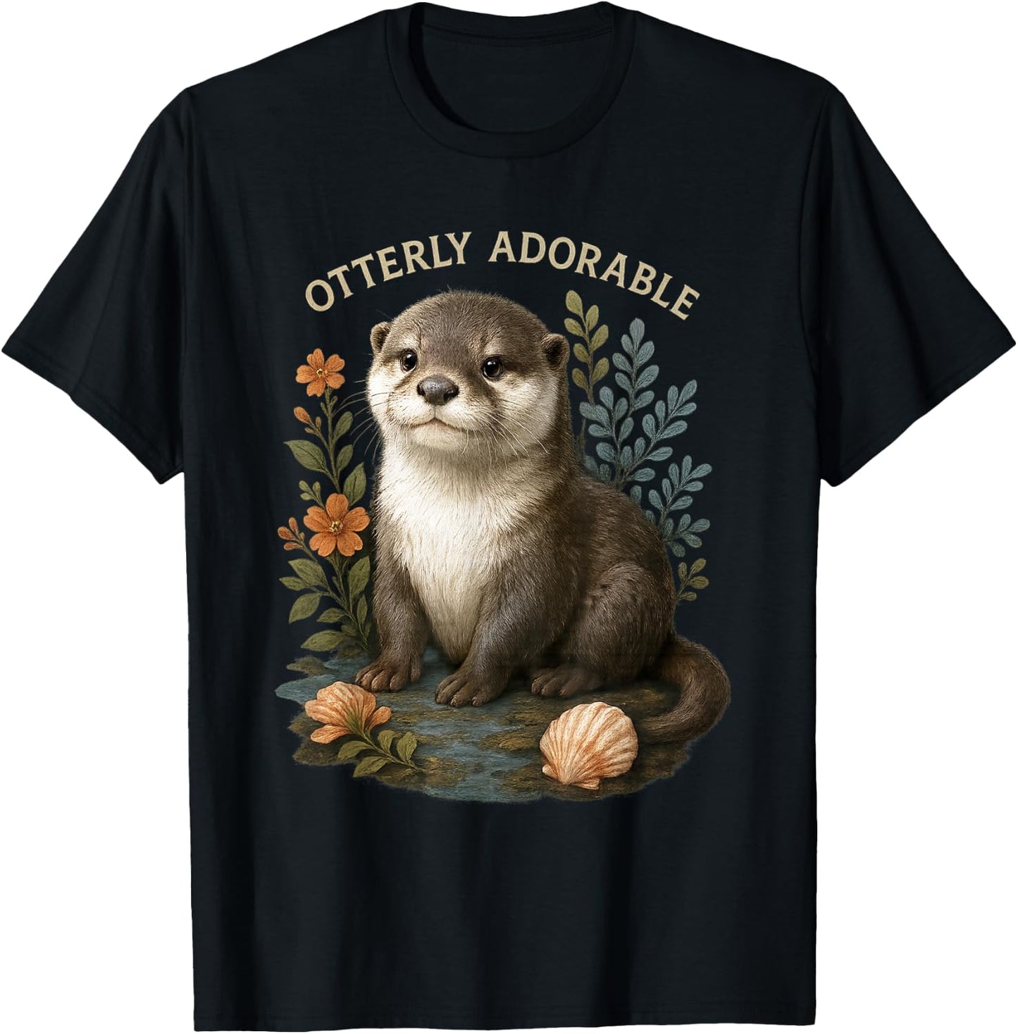 Otterly Adorable Cute Otter with Flowers and Seashells T-Shirt - T-Shirt | Black