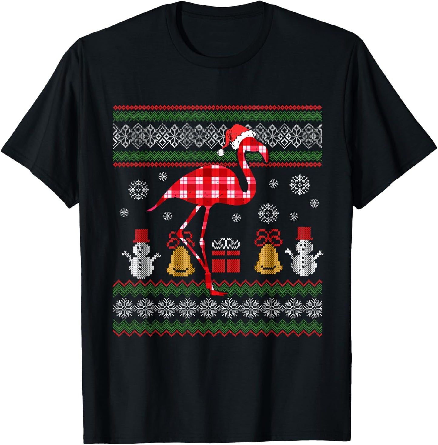 Flamingo Plaid Hat Santa Ugly Sweater Christmas Xmas Animal T-Shirt - T-Shirt | Black