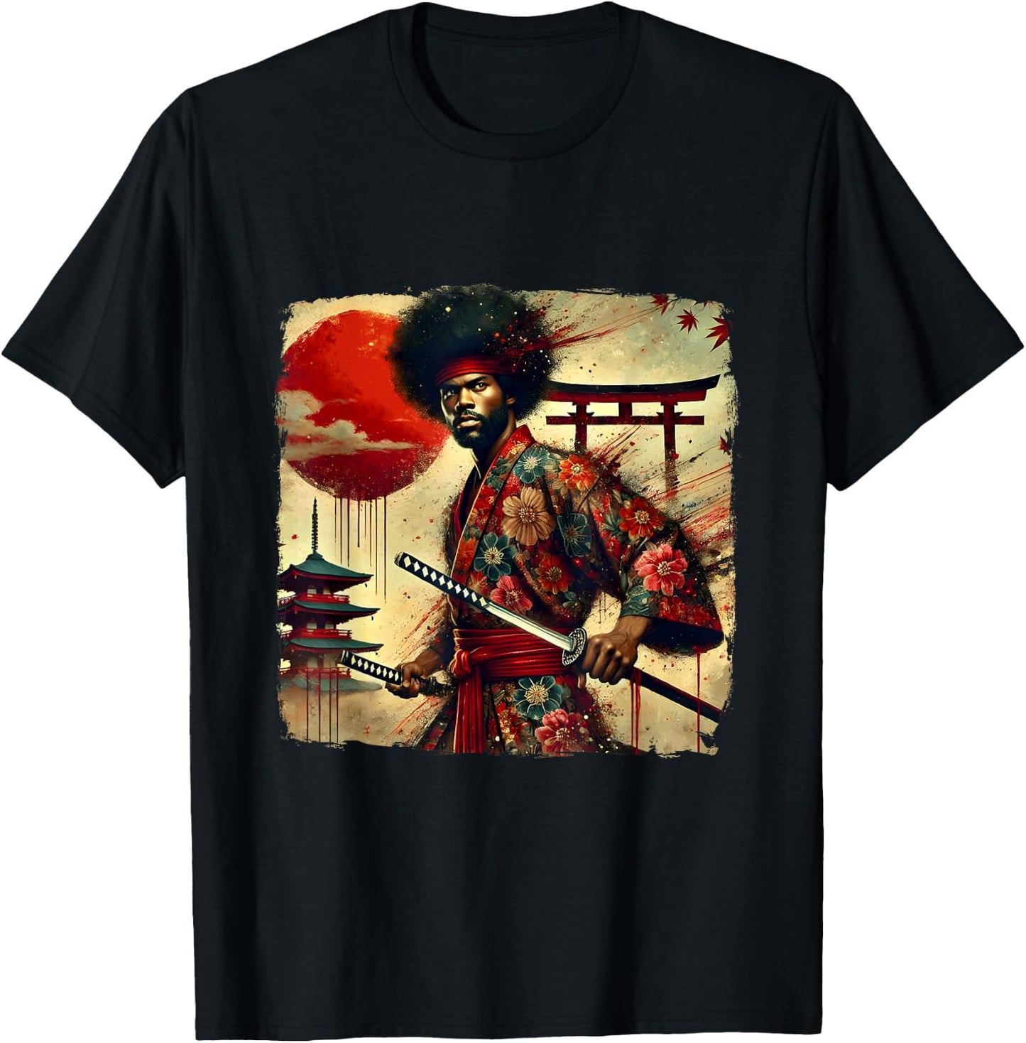 Vintage African Bushido Warrior Katana Afro American Samurai T-Shirt - T-Shirt | Black