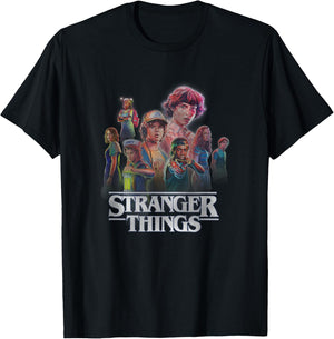 Stranger Things Retro Vintage Hawkins Glow Up Group Shot T-Shirt - T-Shirt | Black