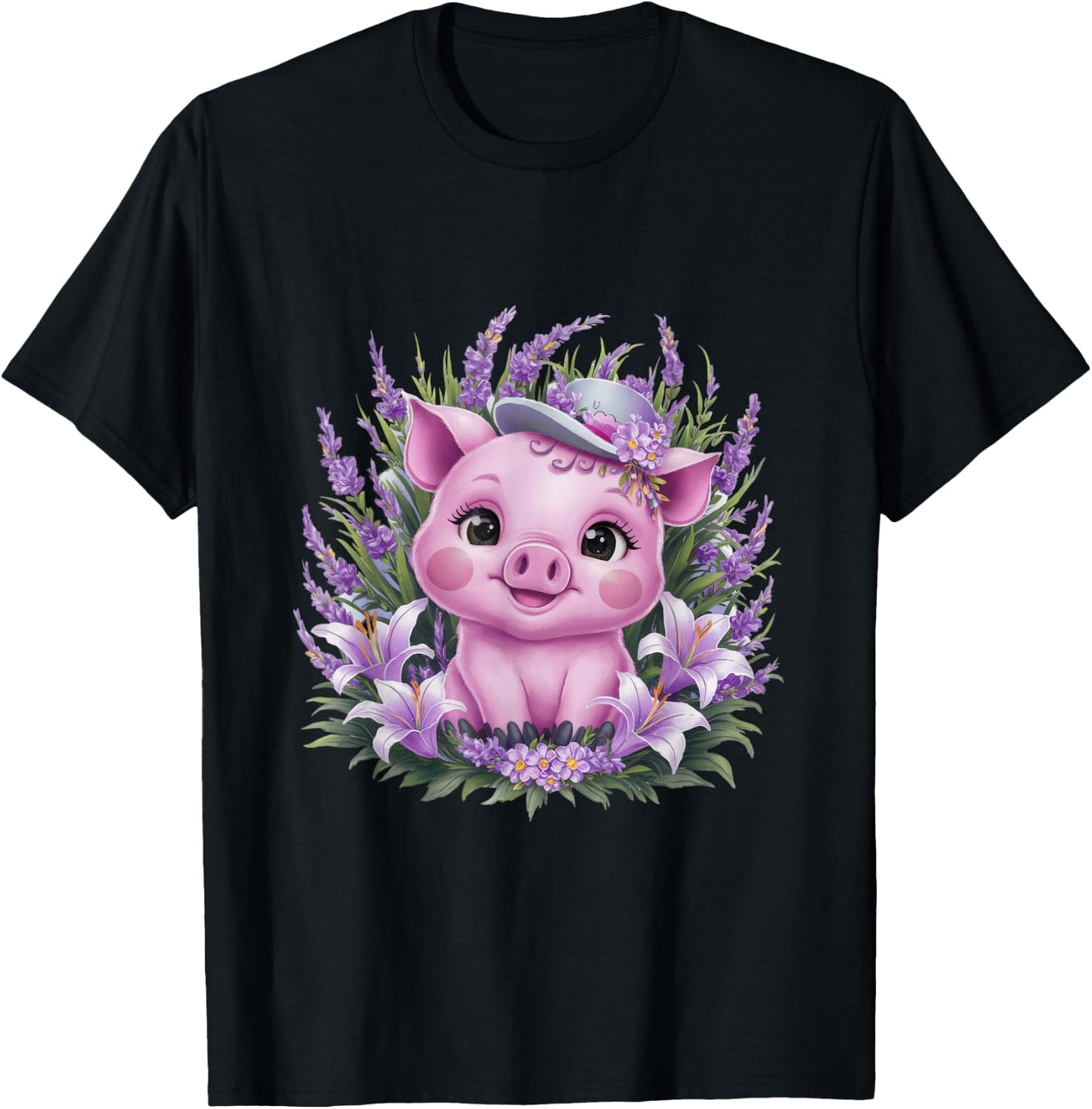 Pig in kawaii cartoon style with lavender and lilies T-Shirt - T-Shirt | Black