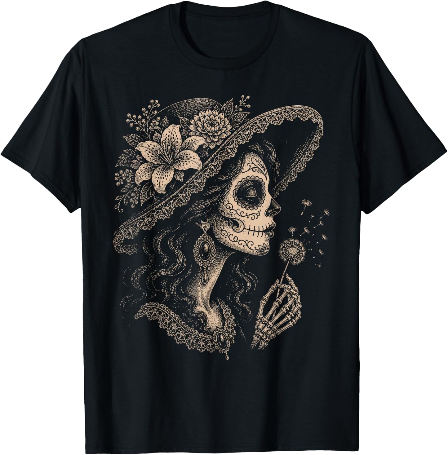 La Catrina Blowing Wishes Dandelion T-Shirt - T-Shirt | Black