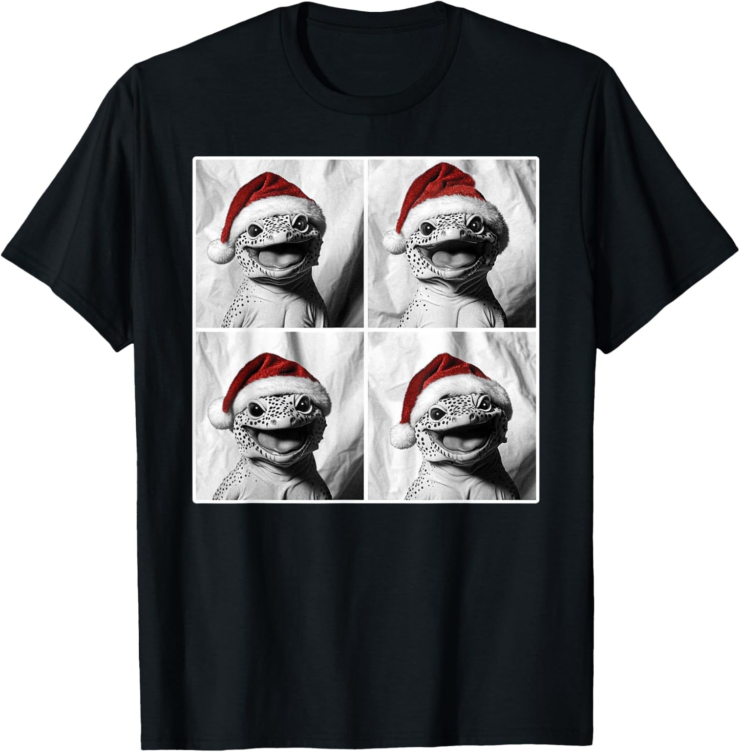Funny Leopard Gecko in Santa Hat Christmas Photobooth Selfie T-Shirt - T-Shirt | Black