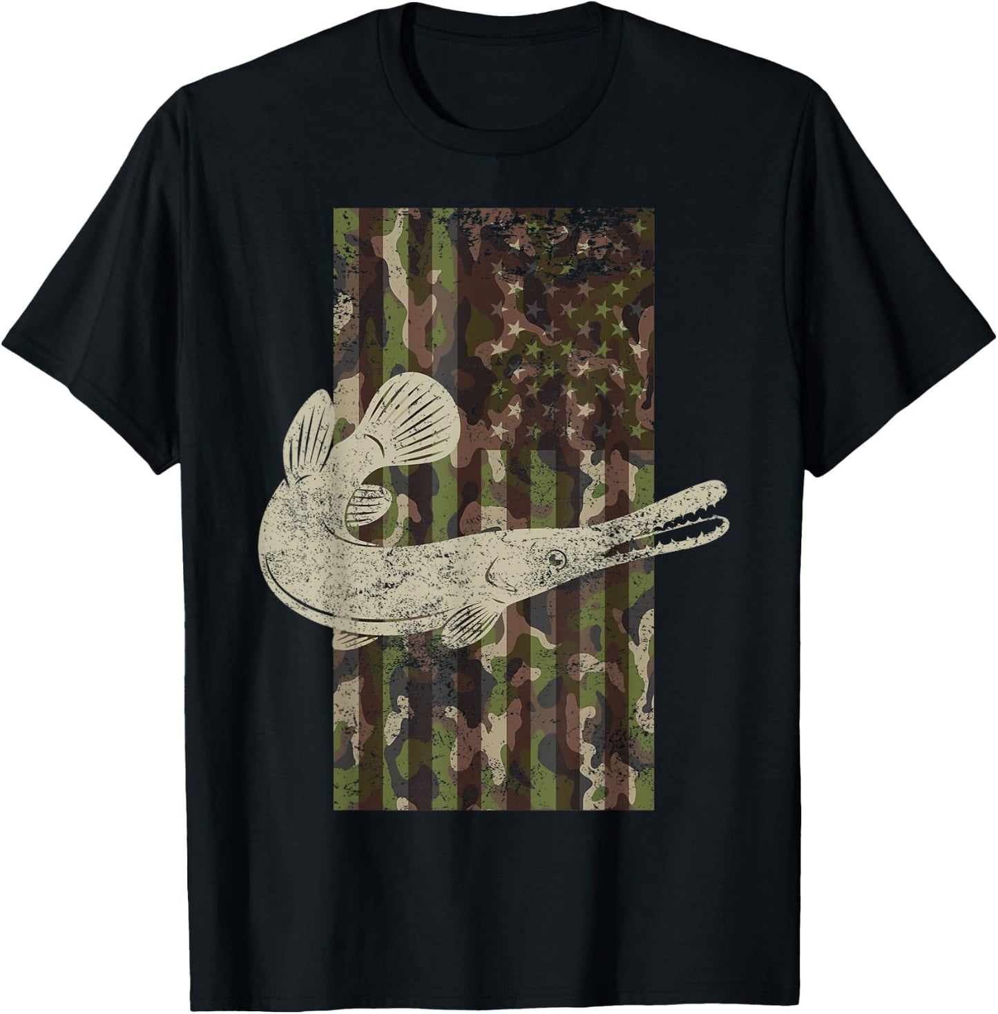 Camo US Flag American Alligator Gar Fishing T-Shirt - T-Shirt | Black