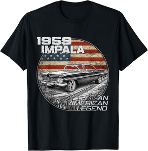 1959 59 Impala Old School Muscle Car American Flag T-Shirt - T-Shirt | Black