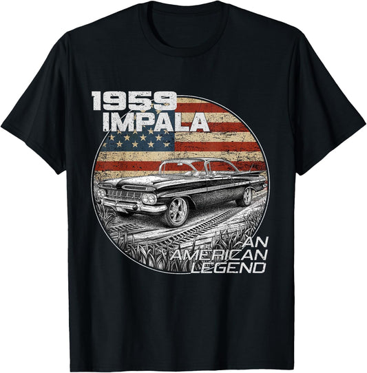 1959 59 Impala Old School Muscle Car American Flag T-Shirt - T-Shirt | Black