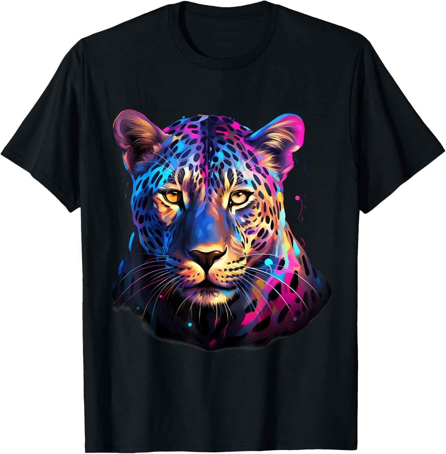 Leopard Colorful Portrait Artwork Wildlife Animal Print T-Shirt - T-Shirt | Black