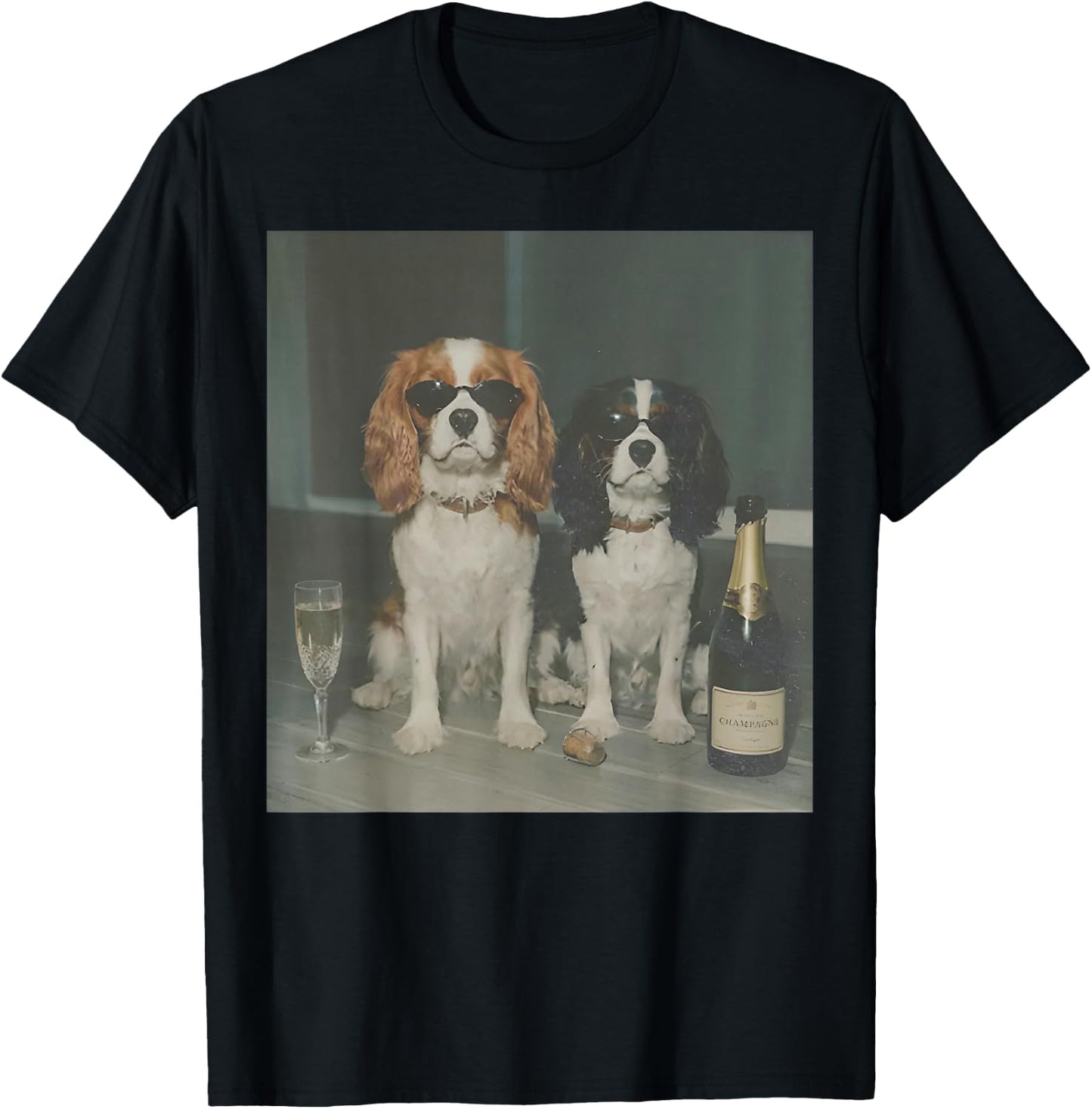 Cavalier King Charles Drinking Champagne Funny Dog Meme T-Shirt - T-Shirt | Black