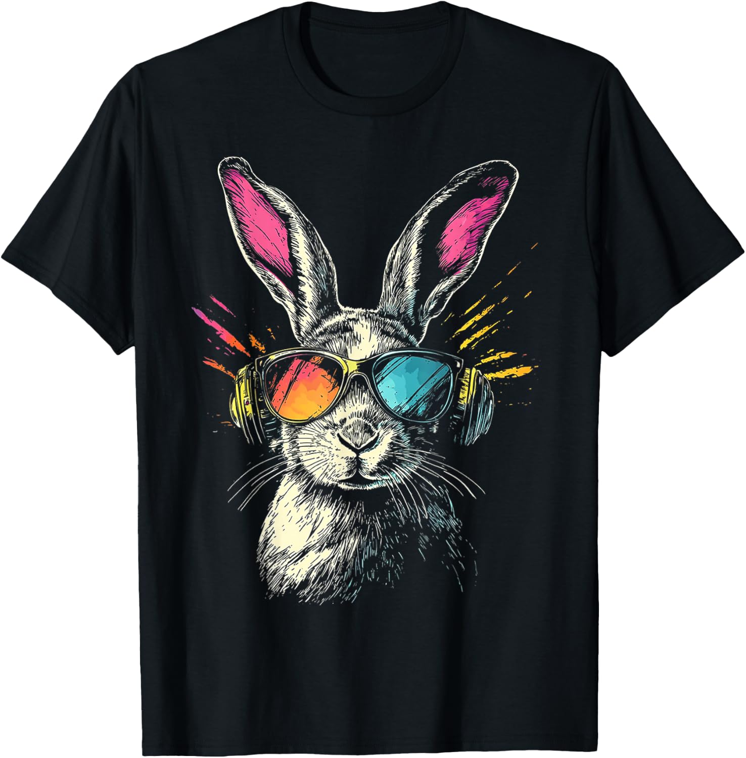 Rabbit Animal Motif Music Headphones Sunglasses Rabbit , black T-Shirt - T-Shirt | Black