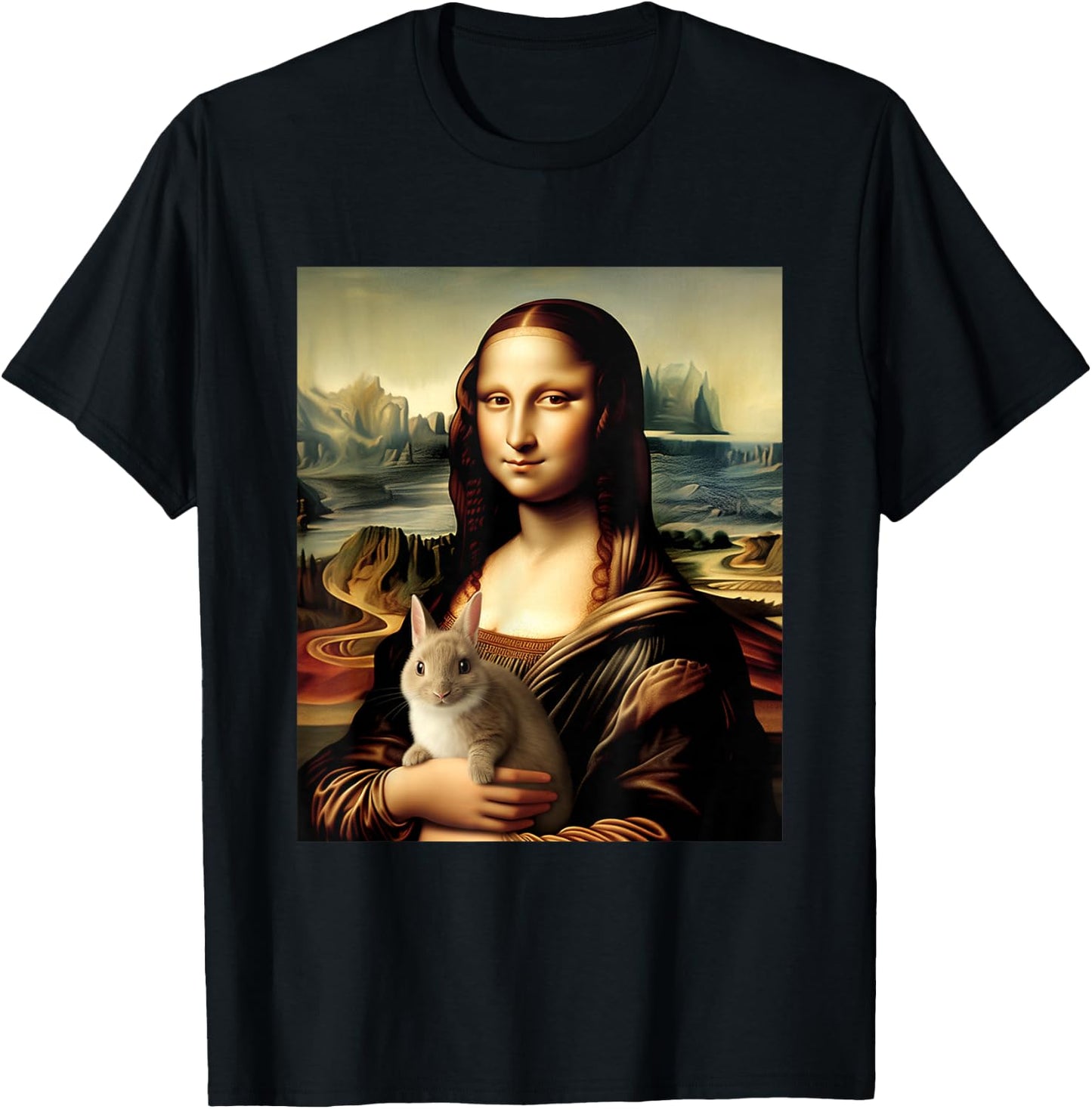 Mona Lisa With Bunny Funny Leonardo Da Vinci Art Painting T-Shirt - T-Shirt | Black