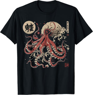 Japan Vintage Calligraphy Tradition Japanese Octopus Kaiju T-Shirt - T-Shirt | Black